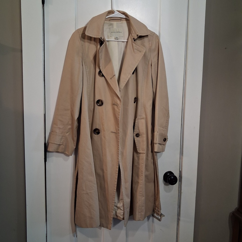 Y2K Banana Republic Trench Coat Womens S Tan Belted Double Breasted Classic Chic